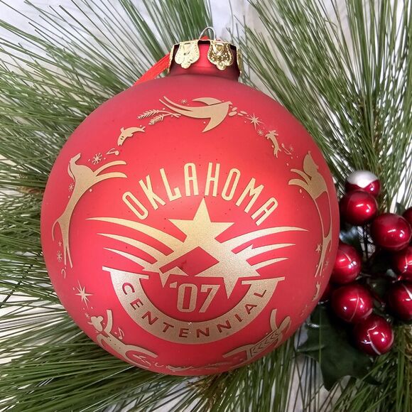 RED Oklahoma Centennial Christmas Ornament 1907-2007 Horse Buffalo Indian 3.75 - Picture 1 of 12